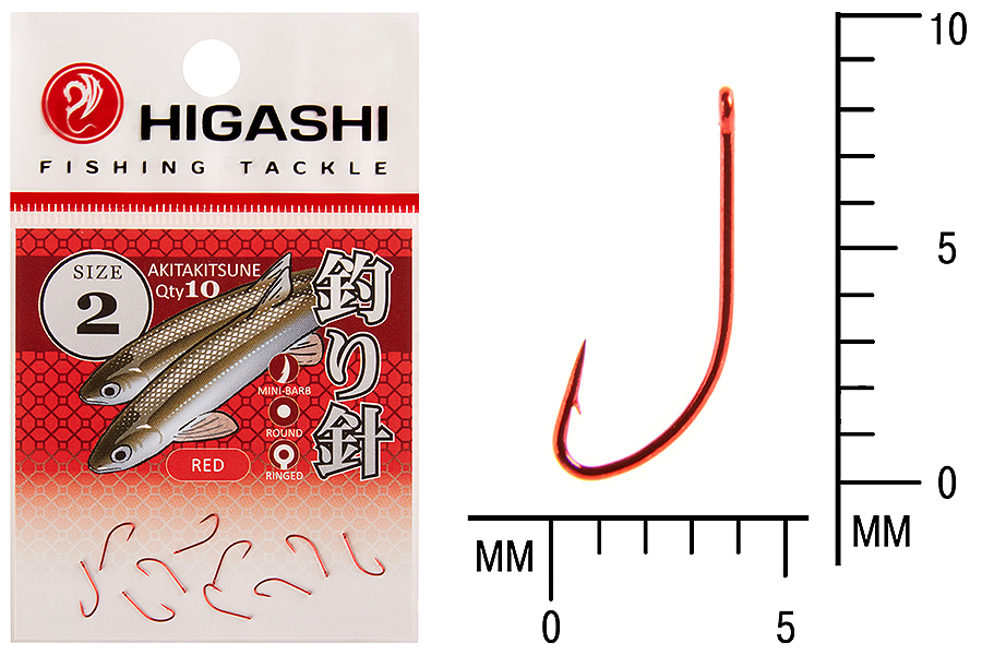 Крючок Higashi Akitakitsune ringed #2 Red 10шт.