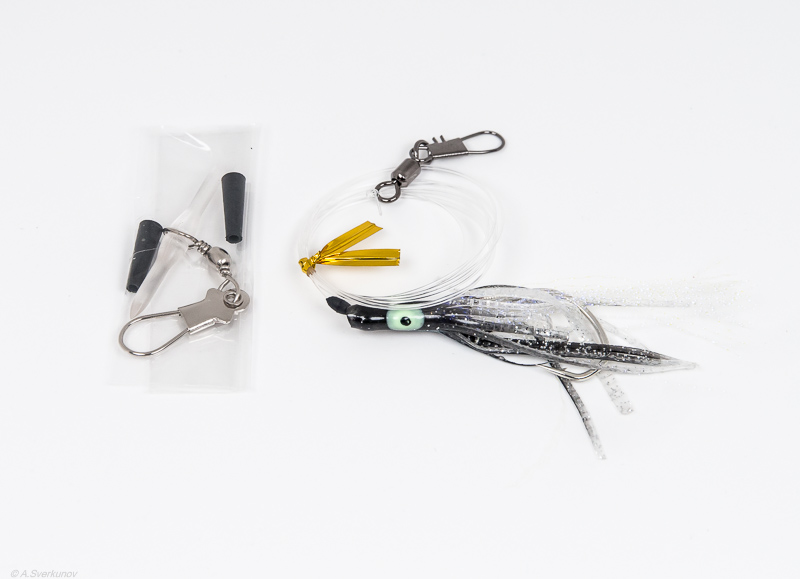 Октопус оснащенный NAKAZIMA SALMON FUKASE RIG SLIM 55mm #BKS (поводок 1м с карабином) (2950)